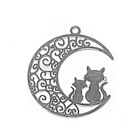 Metal Filigree Charm - Silver Moon and Cat