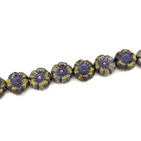 Czech Pressed Glass Flower Beads - Purple on Green 9mm