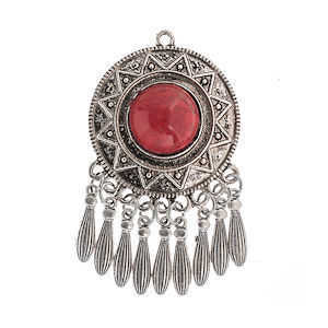 Large Mala Pendant - Antique Silver Sunflower - Red 40x68mm