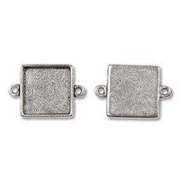Bezel Pendant Small Square Link Antique Silver With Two Rings - 14.8mm x 21.1mm