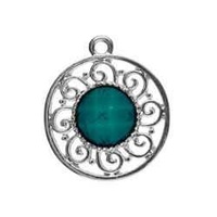 Metal Accent - Round Filigree Pendant - Silver and Turquoise x 22mm