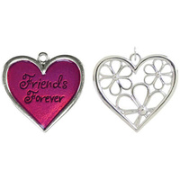 Metal Accent - Forever Friends Double Layered Heart and Flower Pendant - Silver and Fucshia 35x38mm
