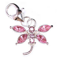 Clip On Rhinestone Charm With Lobster Clasp - Silver Plated Dragonfly x Pink