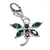 Clip On Rhinestone Charm With Lobster Clasp - Silver Plated Dragonfly x Emerald