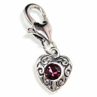 Clip On Rhinestone Charm With Lobster Clasp - Silver Plated Love Heart x Amethyst