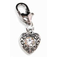 Clip On Rhinestone Charm With Lobster Clasp - Silver Plated Love Heart x Crystal