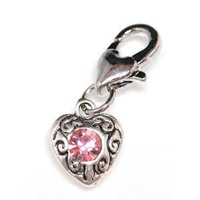 Clip On Rhinestone Charm With Lobster Clasp - Silver Plated Love Heart x Pink