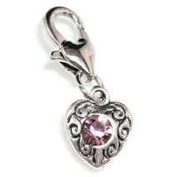 Clip On Rhinestone Charm With Lobster Clasp - Silver Plated Love Heart x Light Amethyst