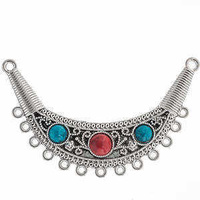 Large Mala Pendant - Antique Silver Curved - Red 90x59mm