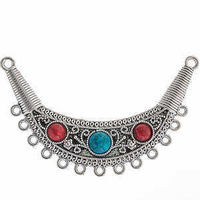 Large Mala Pendant - Antique Silver Curved - Turquoise 90x59mm