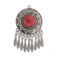 Large Mala Pendant - Antique Silver Sunflower - Red 40x68mm