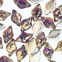 Czech Glass Gemduo Beads - Backlit Purple Haze Gold Splash 8x5mm