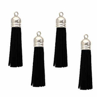 Tassels - Faux Suede Silver Metal Cap Black - Pack Of 4