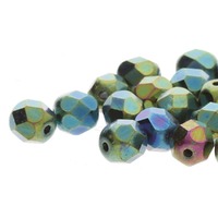 Czech Glass Round Firepolished Beads - Jet Green Iris x 6mm