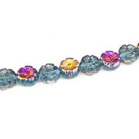 Czech Pressed Glass Flower Beads - Sliperit on Aqua 9mm
