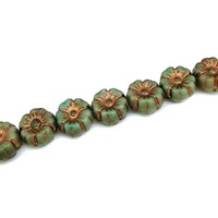 Czech Pressed Glass Flower Beads - Copper on Turquoise 9mm