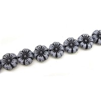 Czech Pressed Glass Flower Beads - Black on Alabaster White
