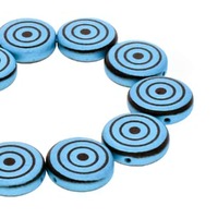 Glass Coin Beads Two Hole - Jet Turquoise Laser Target x 14mm