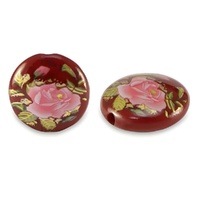 Burgundy Rose Garden Puffed Coin Glass Beads – 14mm (Pack of 4)