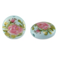 Aqua Rose Meadow Puffed Coin Glass Beads – 14mm (Pack of 4)